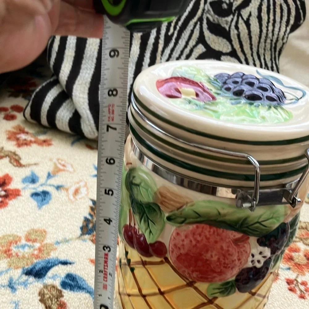 VINTAGE GOURMET HOME ACCENTS RAISED FRUIT CERAMIC FOOD SEAL CANISTER 8”x5” - Picture 13 of 17
